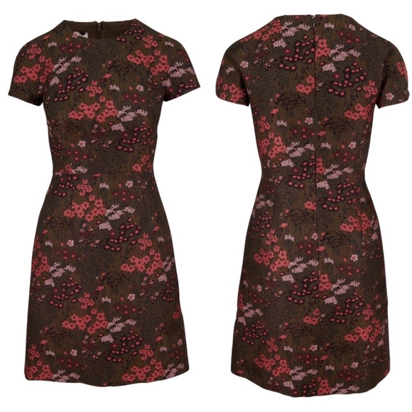 Michael Kors Collection Floral Brocade A-Line Dress In Rosewood And Spruce - Picture 4 of 9
